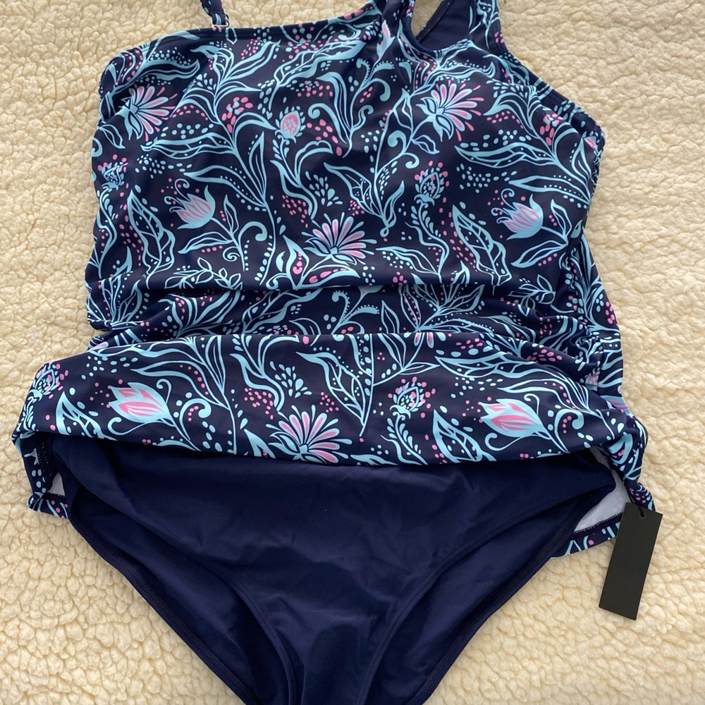 Talisea Navy Blue Floral Women's Tankini Swim suit Size XL